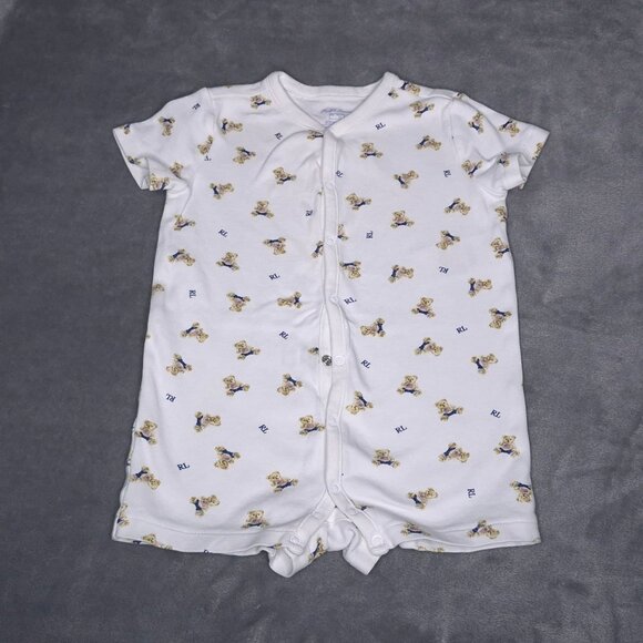 Ralph Lauren Baby One Piece White Teddy Bear Print Short Sleeves 9M Snap Up - Picture 1 of 4